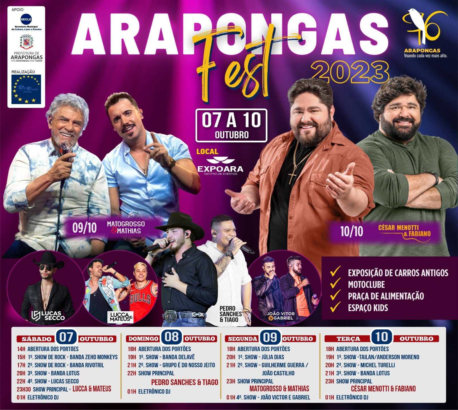 De 07 a 10 de outubro: Prefeitura divulga programação completa da Arapongas Fest 2023