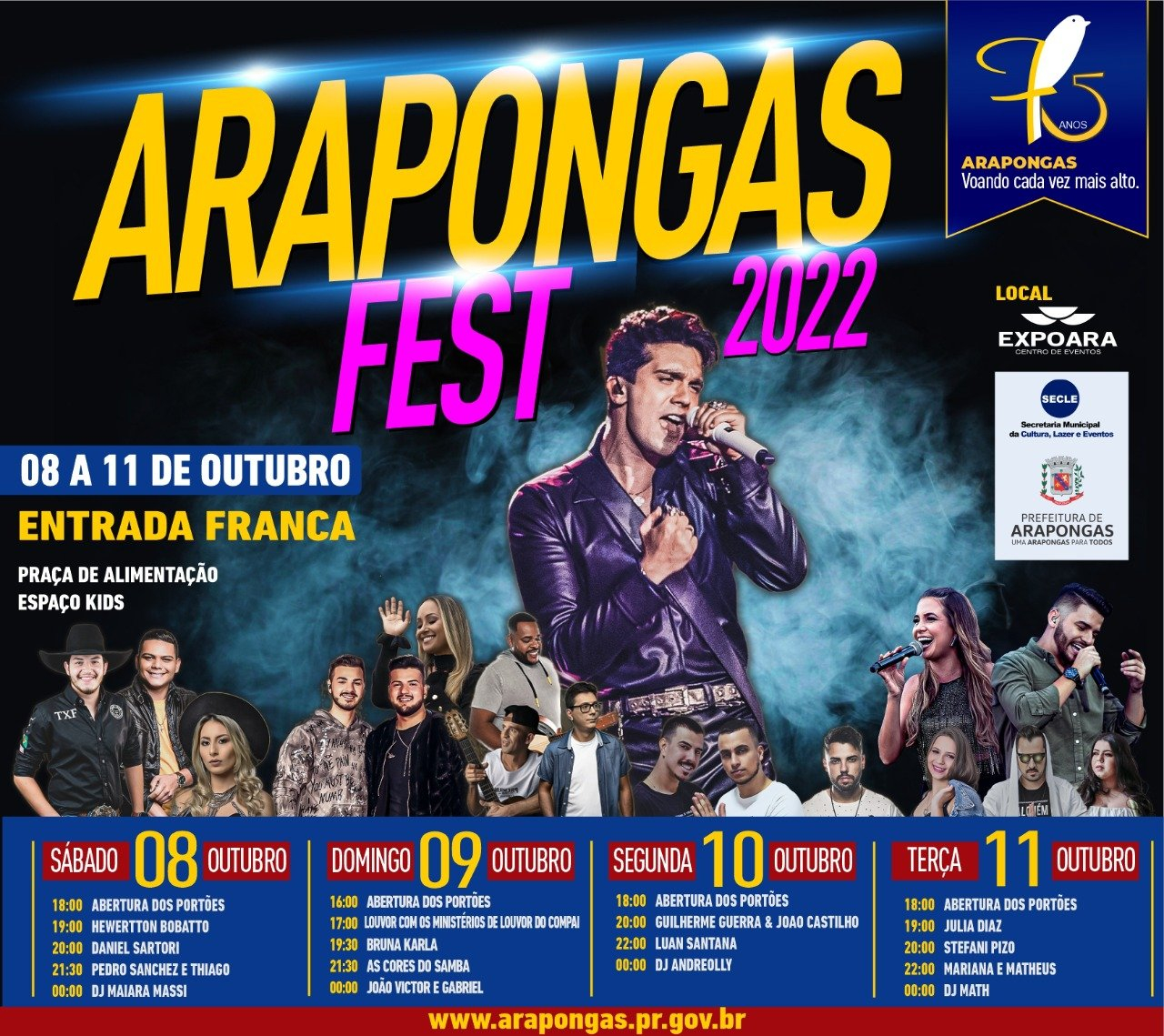 De 8 a 11 de Outubro: Arapongas Fest 2022 terá shows gratuitos em comemoração ao aniversário da cidade