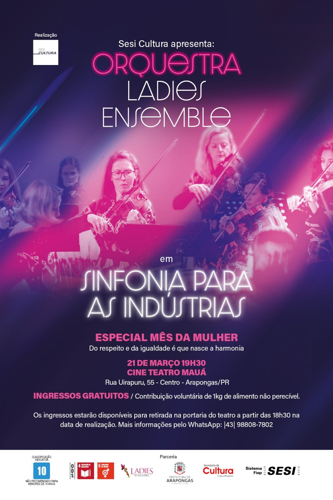 Arapongas recebe turnê da orquestra feminina Ladies Ensemble com apresentação gratuita; saiba mais